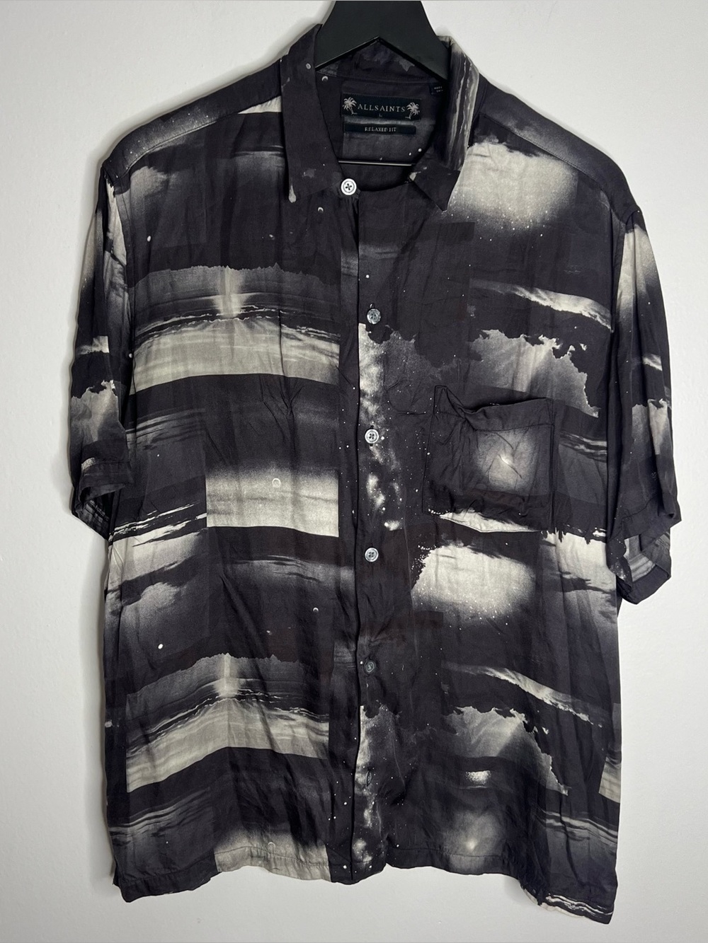 All Saints Night Sky Shorts Sleeve Button Down Shirt Mens Large Black